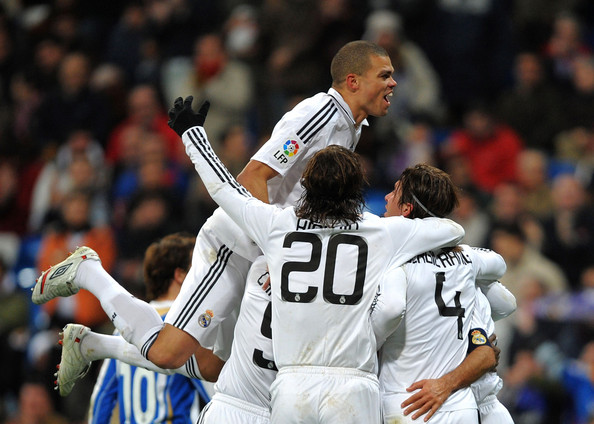 Real Madrid's Pepe, Higuain, Sergio Ramos and co celebrate their win against Deportivo